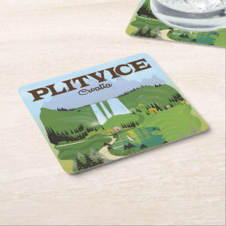 Posavasos Cuadrado De Papel cartel de viaje a Plitvice Croacia