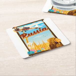 Posavasos Cuadrado De Papel Cartel de viaje de dibujos animados del paisaje de