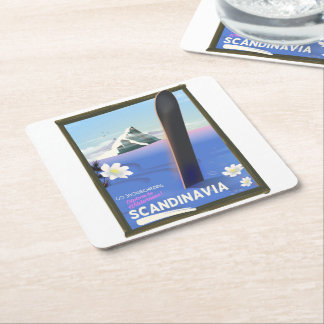 Posavasos Cuadrado De Papel cartel de viaje de snowboard a Escandinavia