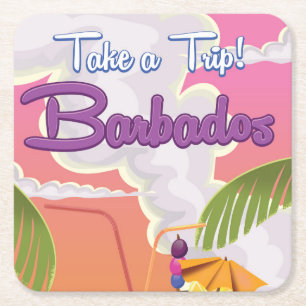 Posavasos Cuadrado De Papel Cartel de viaje de vacaciones de Barbados animado