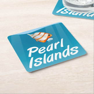 Posavasos Cuadrado De Papel Cartel de viaje tropical de las Islas Perlas.