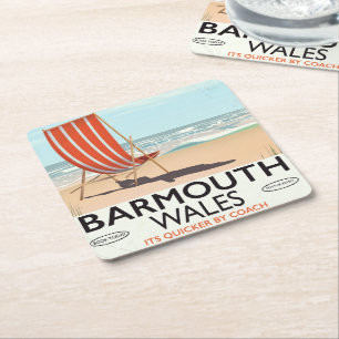 Posavasos Cuadrado De Papel Cartel de viaje vintage de Barmouth Norte de Gales