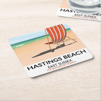 Posavasos Cuadrado De Papel Cartel de viaje vintage de Hastings Beach, East Su