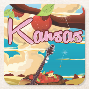 Posavasos Cuadrado De Papel Cartel de viaje vintage de Kansas con dibujos anim