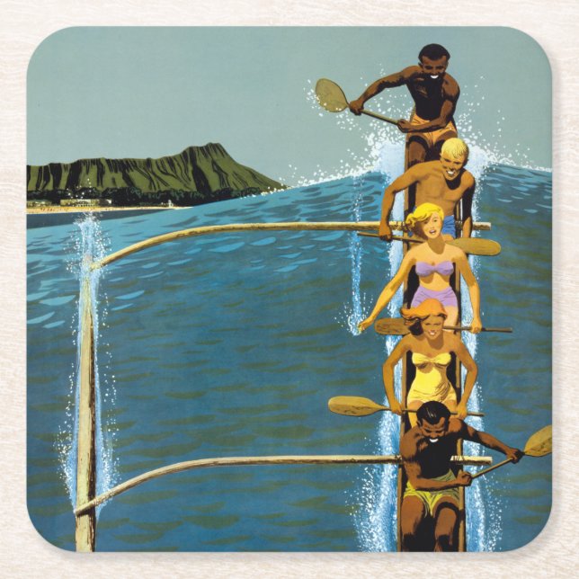 Posavasos Cuadrado De Papel Cartel De Viajes De United Air Lines A Hawaii (Anverso)