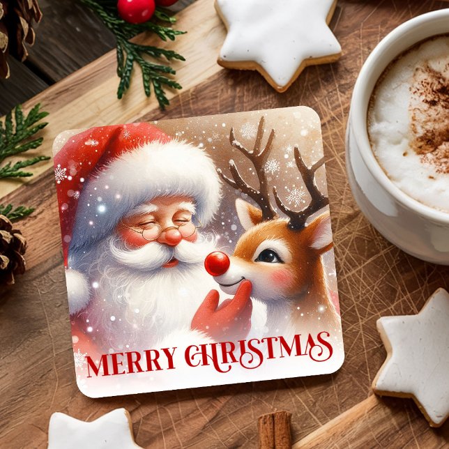 Posavasos Cuadrado De Papel Cartoon Santa and Rudolph Cute Christmas Coasters (Cartoon Santa and Rudolph Cute Christmas Coasters)