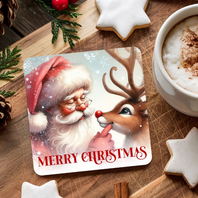 Posavasos Cuadrado De Papel Cartoon Style Cute Santa and Rudolph Paper Coaster (Cartoon Style Cute Santa and Rudolph Paper Coasters)