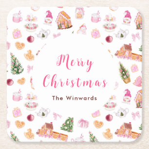 Posavasos Cuadrado De Papel Casa de Jengibre de Navidad Rosa Feliz Navidad