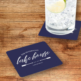 Posavasos Cuadrado De Papel Casa de lago costera Marina Náutica Azul Oar