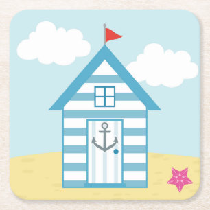Posavasos Cuadrado De Papel Casa de playa azul y blanca