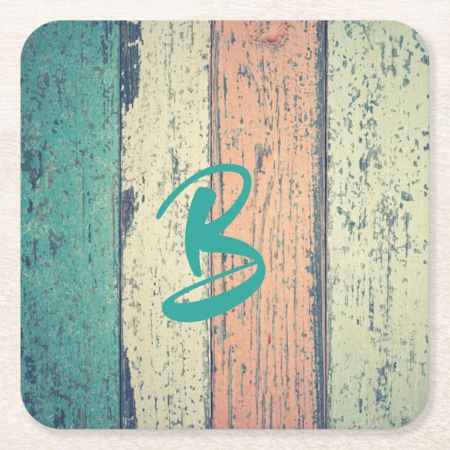 Posavasos Cuadrado De Papel Casa de playa de madera pintada a rayas oceánicas (Anverso)