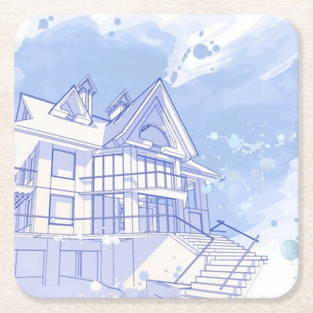 Posavasos Cuadrado De Papel casa: drenaje de la acuarela (Anverso)