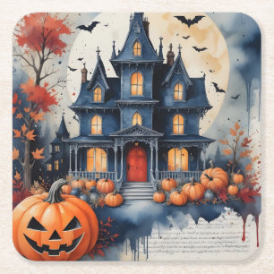 Posavasos Cuadrado De Papel Casa embrujada bajo la luna Halloween Magic