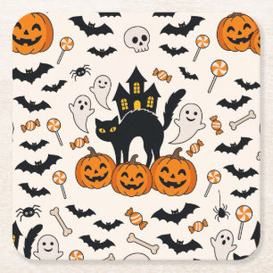 Posavasos Cuadrado De Papel Casa embrujada de gato negro y calabaza de Hallowe