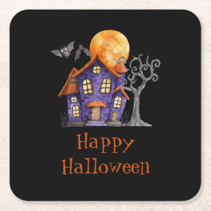 Posavasos Cuadrado De Papel Casa embrujada personalizada Feliz Halloween