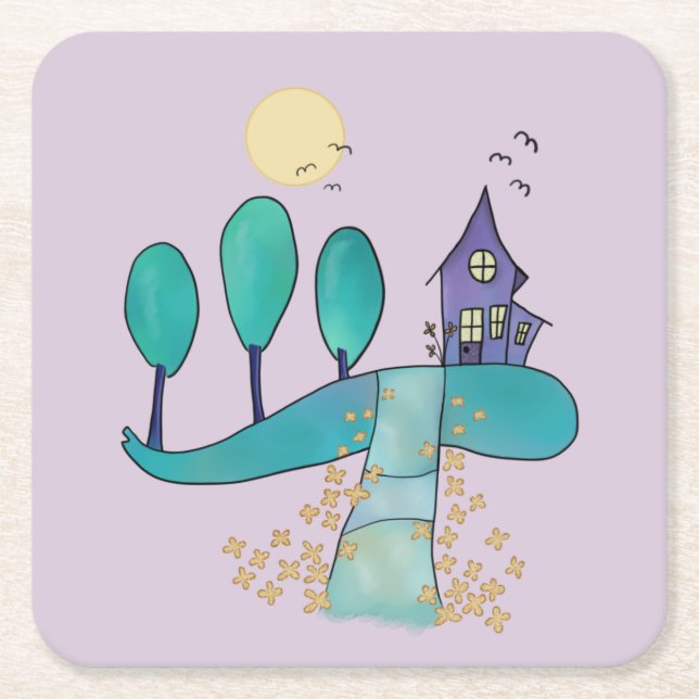 Posavasos Cuadrado De Papel casa lila (Anverso)