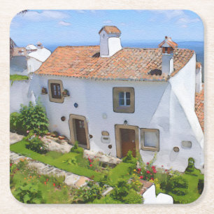 Posavasos Cuadrado De Papel Casa mediterránea de acuarela