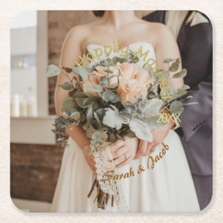 POSAVASOS CUADRADO DE PAPEL CASADOS FELIZMENTE AMARILLO VERDE PASTEL MARRÓN FO
