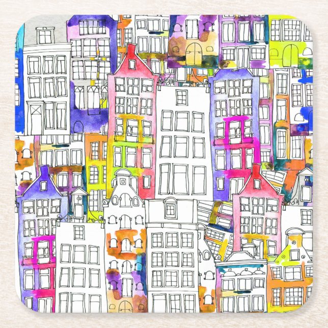 Posavasos Cuadrado De Papel Casas de Amsterdam: Patrón Seamless de acuarela (Anverso)