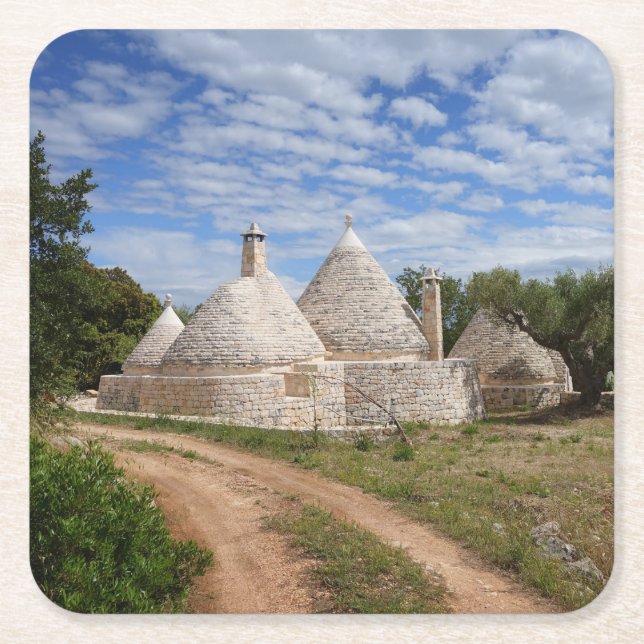 Posavasos Cuadrado De Papel Casas de Trulli en Puglia/Apulia (Anverso)