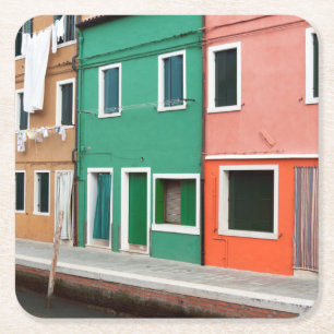 Posavasos Cuadrado De Papel Casas en el frente del mar