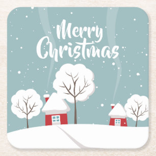 Posavasos Cuadrado De Papel Casas nevadas y Navidades de árboles