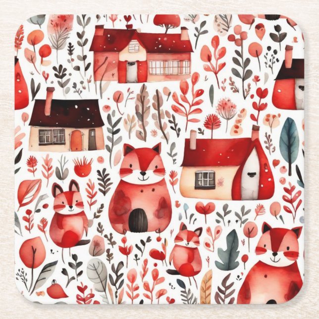 Posavasos Cuadrado De Papel Casas rojas y casas adorables Hoja de papel (Anverso)