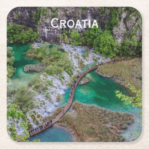 Posavasos Cuadrado De Papel Cascada de cascada en el parque de lagos Plitvice