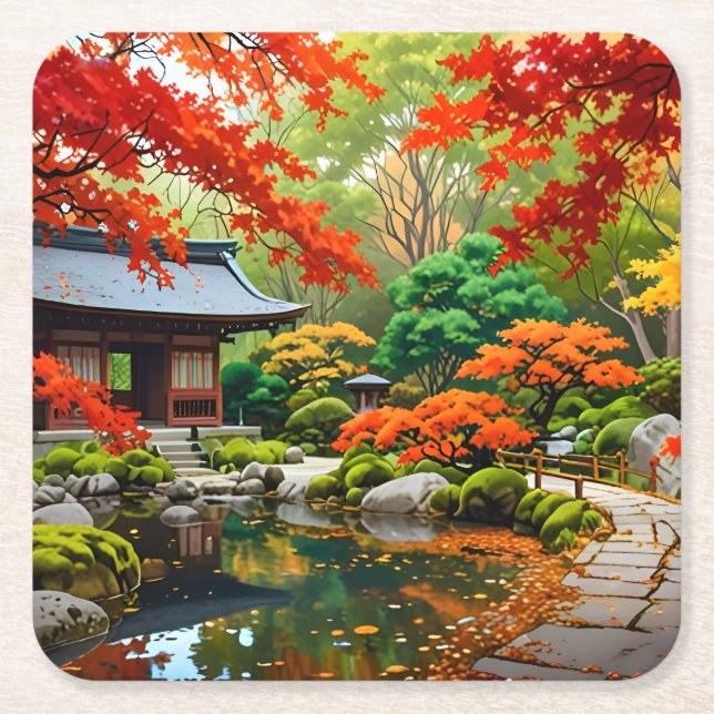 Posavasos Cuadrado De Papel Cascada de Crimson - Otoño en un jardín japonés (Anverso)