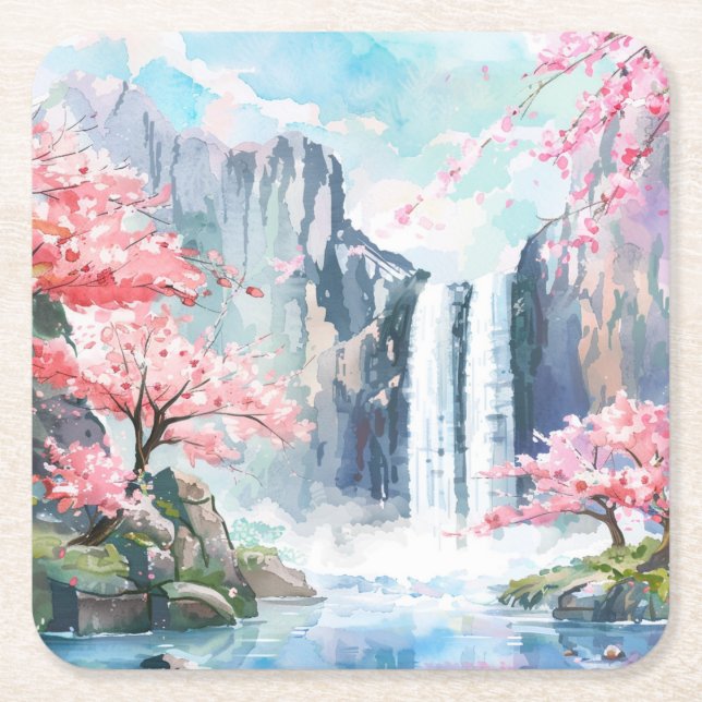 Posavasos Cuadrado De Papel Cascada en primavera (Anverso)
