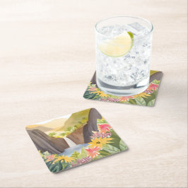 Posavasos Cuadrado De Papel Cascada Tropical | Paisaje Floral de Acuarela