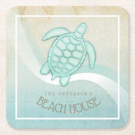 Posavasos Cuadrado De Papel Caseta de playa Tortuga Náutica Aqua Blue ID623