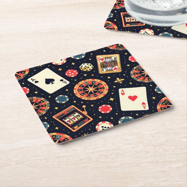 Posavasos Cuadrado De Papel Casino pattern theme on black (En perspectiva)