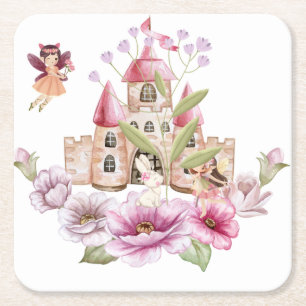 Posavasos Cuadrado De Papel Castillo de hadas y floral