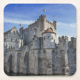 Posavasos Cuadrado De Papel Castillo de los Condes en Gante.