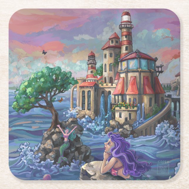 Posavasos Cuadrado De Papel Castillo de Sirena (Anverso)