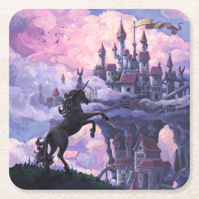 Posavasos Cuadrado De Papel Castillo de Unicornio (Anverso)