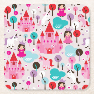Posavasos Cuadrado De Papel castillo y unicornio de la princesa de los niños