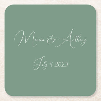 Posavasos Cuadrado De Papel Casual Sage Green Simple Script Boda Minimalista