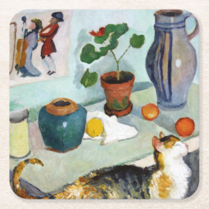 Posavasos Cuadrado De Papel Cat and Still Life, August Macke