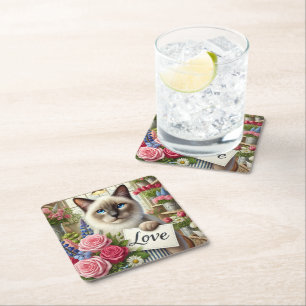 Posavasos Cuadrado De Papel Cat Florist con tarjeta de amor