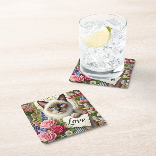 Posavasos Cuadrado De Papel Cat Florist con tarjeta de amor (In situ)