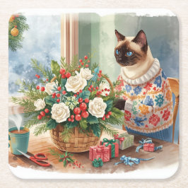 Posavasos Cuadrado De Papel Cat is arranging Christmas Flowers
