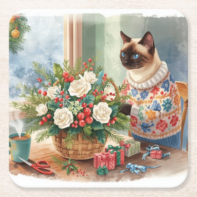 Posavasos Cuadrado De Papel Cat is arranging Christmas Flowers (Anverso)