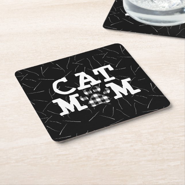 Posavasos Cuadrado De Papel Cat Mom Pawprint con hemisferias de gato (En perspectiva)