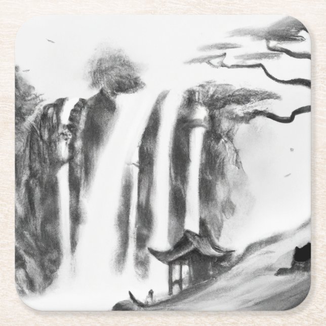 Posavasos Cuadrado De Papel Catarata de tinta china y pintura artesanal (Anverso)