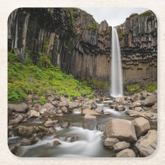 Posavasos Cuadrado De Papel Cataratas | Cascada Svartifoss, Islandia meridiona (Anverso)