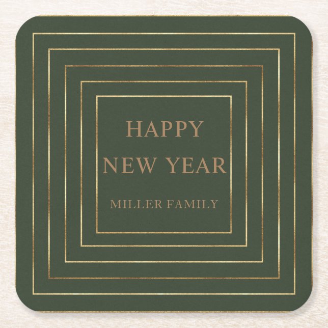 Posavasos Cuadrado De Papel caza verde feliz año nuevo año fiesta frontera de  (Anverso)