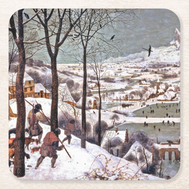 Posavasos Cuadrado De Papel Cazadores en la nieve, Pieter Bruegel, el anciano (Anverso)