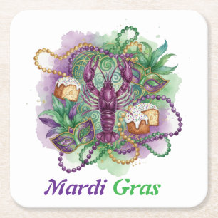 Posavasos Cuadrado De Papel Celebración de Acuarela de Mardi Gras